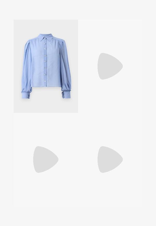 Light blue blouse with long puffed sleeves, buttoned front, and collar. Features small white polka dots and ruffled cuffs with clear buttons.; Knit white midi skirt featuring a textured pattern with vertical lines and cut-out details near the hem. Elastic waistband. Soft material.; Black leather ballet flat with a rounded toe, smooth texture, minimal stitching detail, and a flexible sole design.; Brown leather handbag with a flap closure, gold-tone hardware, a shoulder strap, and a smooth texture. Compact rectangular shape.