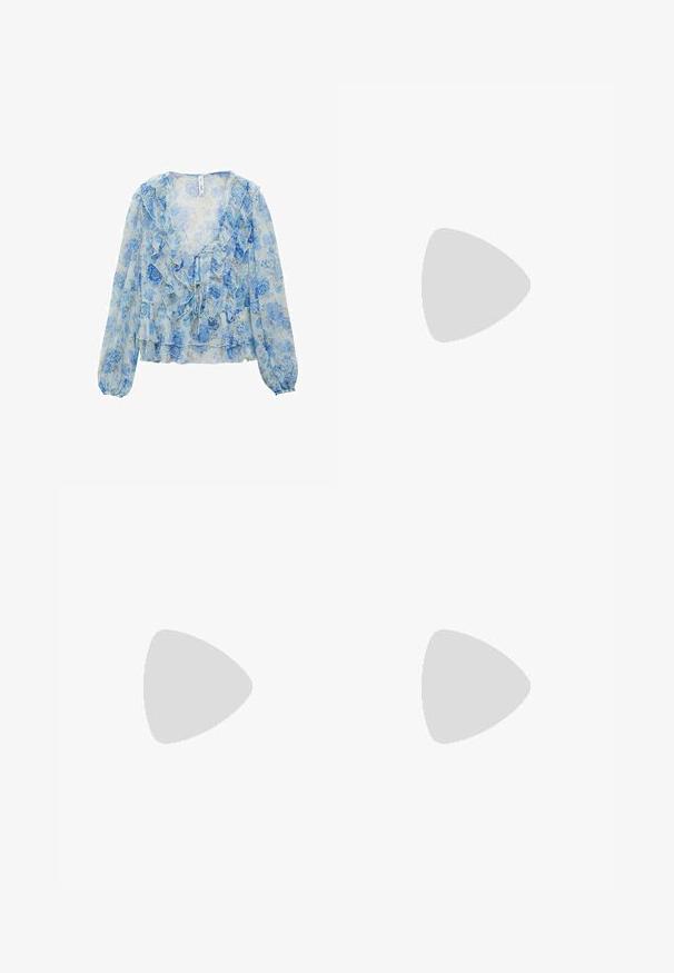 Blusa floreale in tessuto trasparente azzurro chiaro e bianco. Caratterizzata da bordi arricciati, maniche lunghe e un frontale con lacci. Texture morbida e leggera.; Jeans a gamba larga blu chiaro realizzati in denim, con una vita elasticizzata per il comfort. Texture liscia con cuciture pulite e senza abbellimenti.; Sandalo in pelle marrone con due cinturini larghi, caratterizzato da cuciture decorative e un'accoppiatura con fibbia in tono oro. Design con suola piatta.; Borsa a mano in pelle marrone con forma conica, manici robusti e cuciture bianche a contrasto. Presenta una tracolla removibile per una maggiore versatilità.
