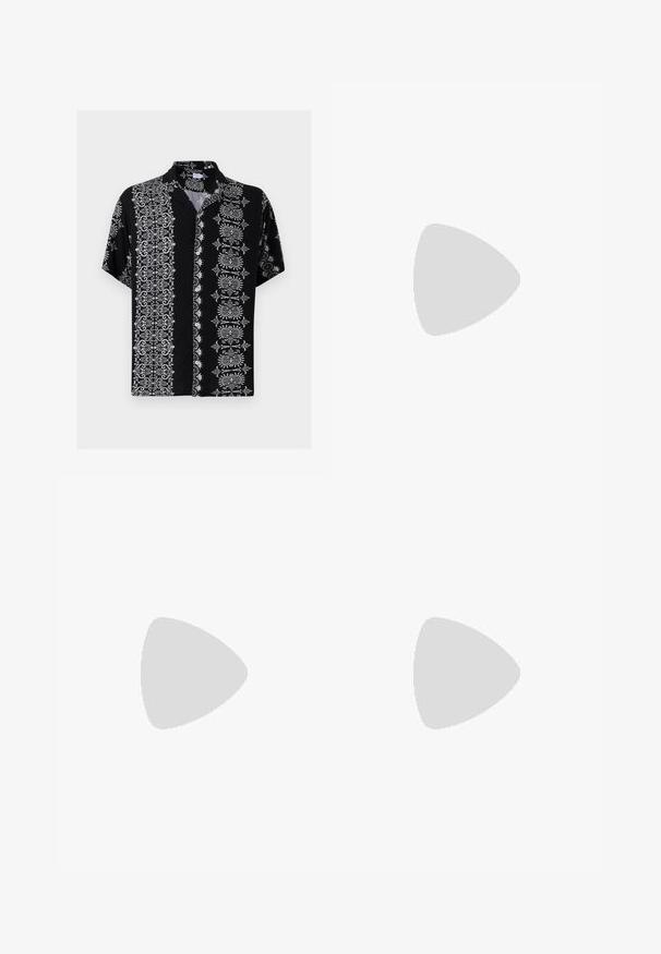 Chemise à boutons à manches courtes en tissu noir, ornée de motifs floraux complexes blancs et de motifs décoratifs des deux côtés, avec un col.; T-shirt en coton crème à manches courtes et col rond. Présente un imprimé graphique en bleu et rouge avec du texte et un motif.; Jean en denim bleu foncé avec une coupe droite. Présente des coutures visibles, une fermeture par bouton et des plis à l'avant pour un détail supplémentaire.; Sneaker en cuir noir avec des rayures blanches, semelle en caoutchouc texturée et devant à lacets. Présente une étiquette de marque sur la languette.; Sac bandoulière en cuir noir avec une fermeture éclair, logo embossé à l'avant et une sangle réglable. Texture lisse avec une forme rectangulaire.