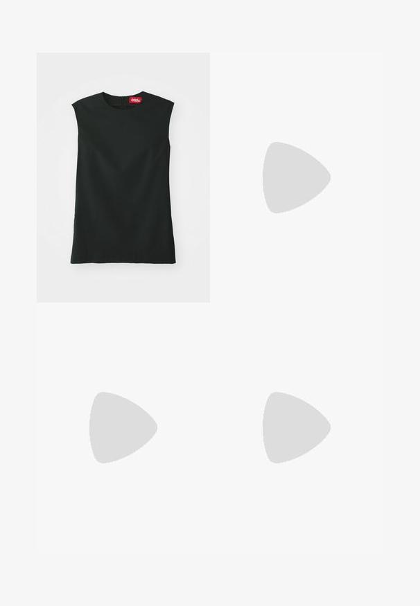 Black sleeveless top with a round neckline, smooth fabric, and a back zipper. Features a small red tag with "032c" logo at the neck.; Black tailored trousers with a slim fit, a smooth finish, single pleat, and a gold button accent on the front waistband.; Black leather sneakers with white accents, round logo detailing, perforated toe, and contrasting sole. Features white laces and branding.; Versace Sunglasses - havana blue/dark grey