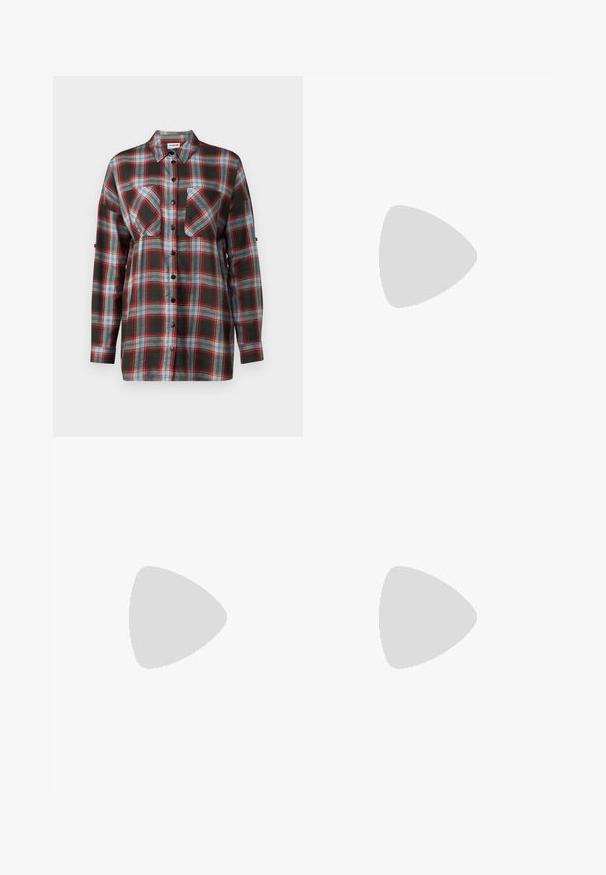 Long-sleeve plaid shirt featuring a dark green, red, blue, and white color scheme, with two chest pockets and button front closure.; Dark blue bootcut jeans with two front buttons, five pockets, and subtle fading on thighs and knees.; Black leather ankle boots with a round toe, lace-up front, and a thick rubber sole featuring a textured tread. Pull tab at the back.; Silver hoop earrings with a minimalist design. Circular shape, smooth texture, and thin profile. Lightweight with a polished finish.