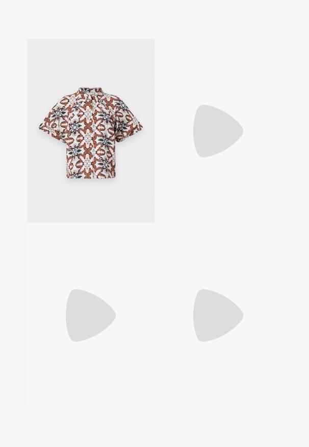 Short-sleeve, button-up shirt in white with a floral pattern in rust, navy, and pink hues. Features a mandarin collar and relaxed fit.; Black trousers with a tailored design, featuring side pockets and a straight leg. Made from smooth, lightweight fabric with a sleek finish.; Glossy dark burgundy heeled shoe with a rounded toe and ankle strap, set against a plain background.; Black leather handbag with a curved shape, detachable strap, and gold hardware. The bag features a flap with a buckle detail.