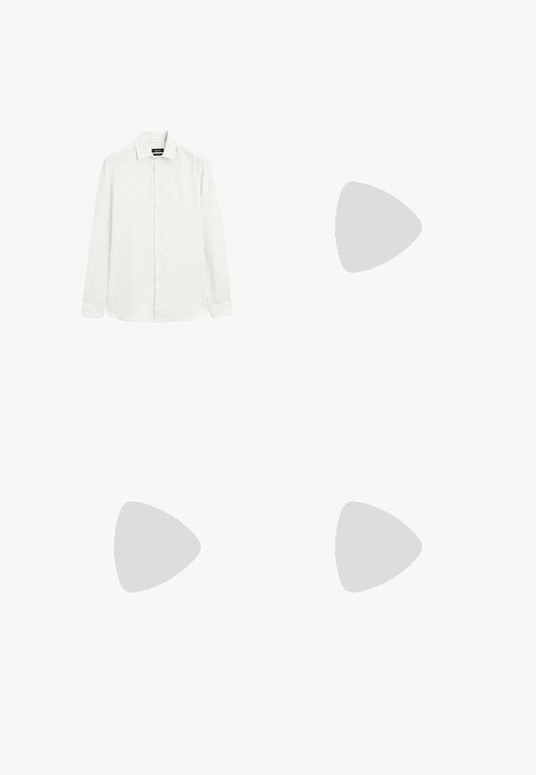 Long-sleeve shirt in light gray with subtle vertical stripes. Button-down collar, front button closure, and single-button cuffs. Textured fabric.; Linen trousers in light beige, featuring an elastic waistband with a drawstring, wide-leg design, and side pockets. Smooth texture.; Beige suede slip-on shoes with a rounded toe, low-profile design, and a textured finish. Features a subtle stitch detailing along the upper.; Sunglasses with a silver metal frame, rectangular blue lenses, and thin arms. Features blue accents on the temple tips.