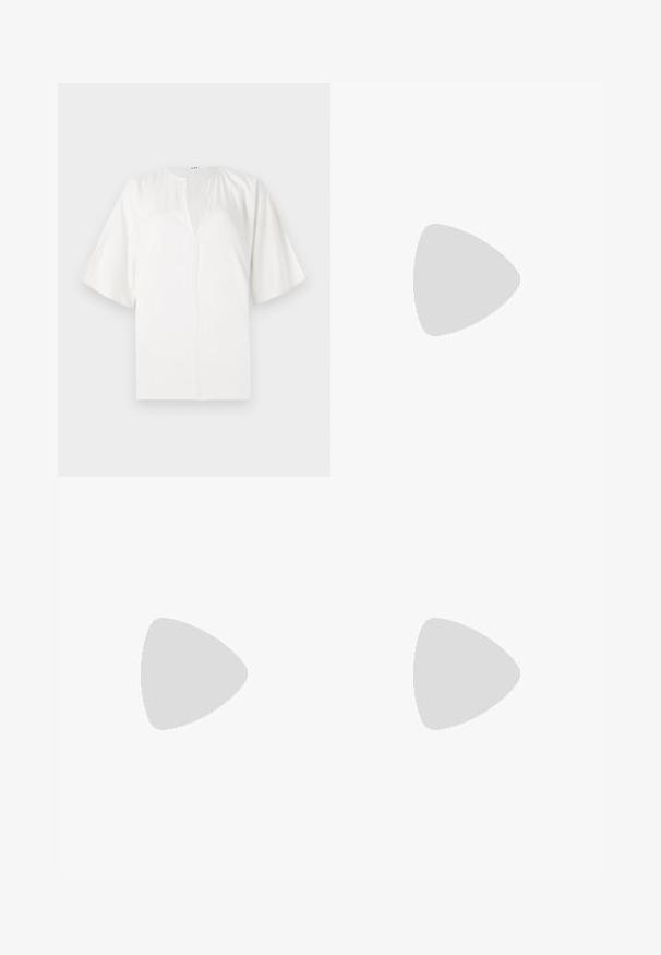 White short-sleeve top featuring a V-neckline and loose-fit design. Made of soft fabric, with a subtle sheen and clean lines.; Black flared pants with a smooth texture and tailored fit. Features a high waist and minimalistic design. No visible patterns or hardware.; Black pointy-toed slingback shoe with a low heel, featuring smooth leather material and cut-out design on the side for breathability.; Black leather shoulder bag with a soft texture, triangular shape, and adjustable strap, paired with a light blue striped shirt and white pants.