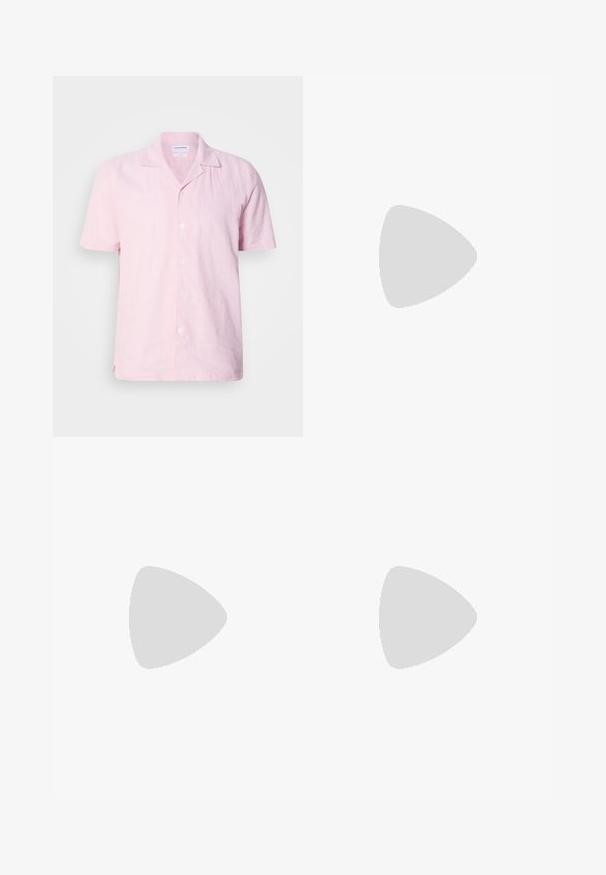 Short-sleeve pink linen shirt with a notched collar, six button front, and side slits for comfort. Fabric has a slightly textured finish.; Black short-sleeve polo shirt with a textured, ribbed fabric, featuring a v-neckline and a straight hem. No visible logos or patterns.; Black trousers made of smooth fabric, featuring a straight-leg design, two front pleats, and standard waistband with belt loops.; Black leather slip-on shoe with a smooth upper, stitched accents, rounded toe, and a low rubber heel. Sole features minimal tread.