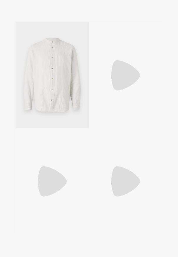 Striped button-up shirt in light cream and subtle beige, featuring a stand collar, long sleeves, and round buttons along the front.; White long-sleeved T-shirt made of cotton. Crew neck design with ribbed cuffs and a small logo on the left sleeve. Smooth texture.; Black denim straight-leg jeans feature a classic five-pocket design with button closure, minimal stitching, and a soft texture.; Black leather loafers featuring a smooth finish, stitched detailing across the vamp, and a slightly raised heel.