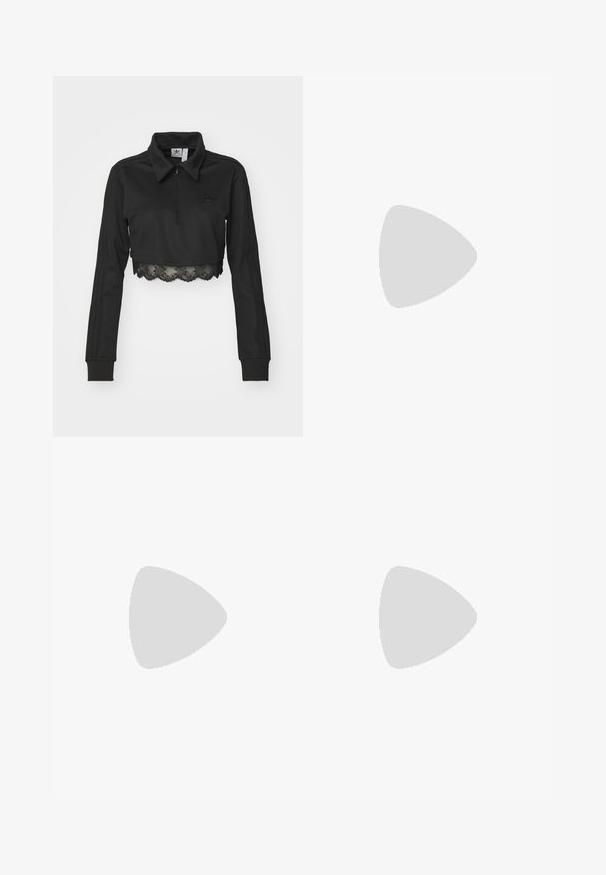 adidas Originals Long sleeved top - black; Wide-leg denim jeans in a light blue wash. Features a zip fly with a button closure, and subtle fading for a worn look.; Black high-top sneakers made of rubber and mesh, featuring a textured surface, wavy sole design, and black laces, paired with black socks.; Black leather shoulder bag with a curved shape. Features a single adjustable strap and a zippered closure. Smooth texture with minimal accents.