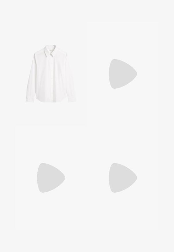 White long-sleeve shirt made of smooth cotton. Features a pointed collar, button closure, and rounded hem with button cuffs.; Black faux leather wide-leg pants with an elasticated, ruffled waistband, and a detachable tie belt. Smooth texture and minimal sheen.; Black leather flats with a pointed toe, featuring metal eyelet accents in varying sizes, and a low square heel. Smooth texture on wooden floor.; Black tote bag made of textured synthetic material with a wide silhouette, featuring dual handles and a branded pendant detail.; Silver hoop earring with a polished finish, featuring small gold accent details and a round shape, worn on the lobe.