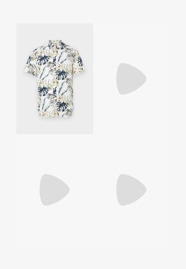 Chemise à manches courtes avec une base blanche et un motif tropical comportant des feuilles bleues et vertes, des fleurs jaunes, et un devant à boutons.; T-shirt blanc à manches longues en coton. Design à col rond avec des poignets côtelés et un petit logo sur la manche gauche. Texture lisse.; Pantalons vert clair, coupe décontractée avec une texture lisse, dotés de poches latérales et de détails de coutures visibles. Longueur complète avec un design à jambe droite.; Mocassins en cuir noir avec une finition lisse, des détails cousus sur le devant et un talon légèrement surélevé.