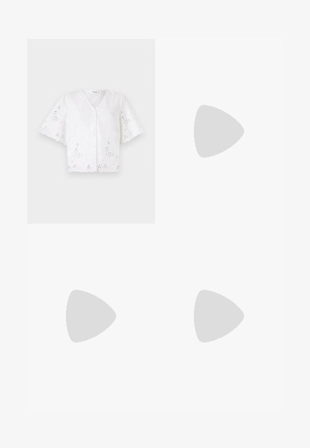 Vit blus med kort ärm och V-ringning, prydd med broderade blommönster och utskärningar längs fållen och ärmarna.; Randig kjol i vitt och ljusbrunt, med dragsko i midjan och en lång, flödande design. Tillverkad av lätt material med lös passform.; Vit högklackad sandal med en kraftig klack, med ett remdesign och ankelband. Slät textur med en plattform framtill för ökad höjd.; Vit axelväska med en strukturerad yta, en centralt placerad spänneaccent och en rundad form. Dragkedjestängningar på båda sidor.