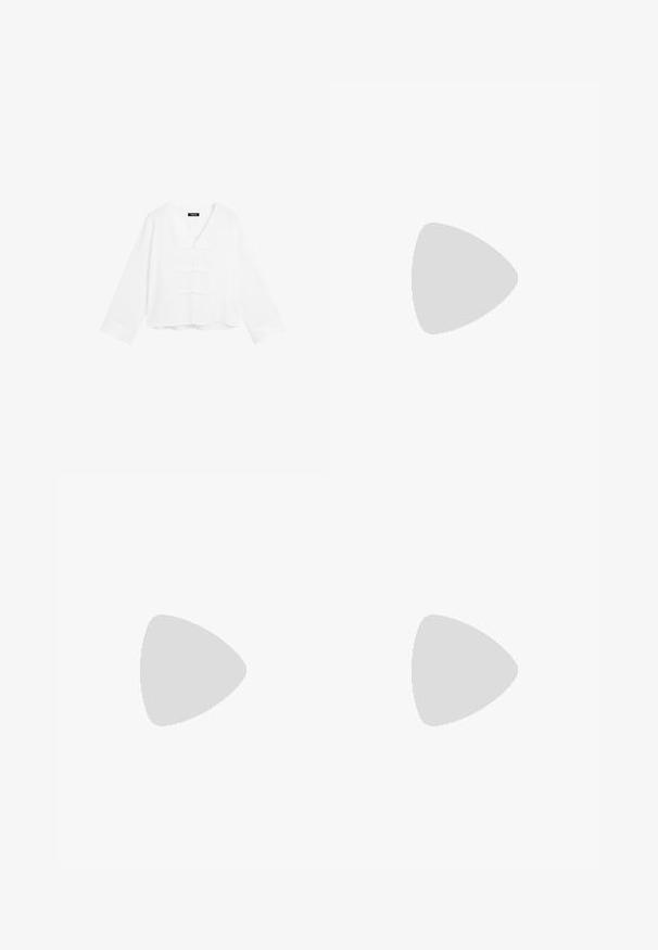 Blouse blanche courte à manches longues, décolletée en V, avec des fermetures à boutons décoratifs à l'avant. Texture lisse et coupe décontractée.; Jeans large en denim vert foncé en mélange de coton, avec une fermeture à bouton à l'avant, cinq poches et des coutures classiques en denim.; Sandale en cuir noir à petit talon, avec une large bride avant et de fines bandes croisées au niveau des orteils pour un maintien sécurisé et un confort optimal.; Sac tote en cuir marron avec deux poignées allongées, forme rectangulaire structurée, texture lisse et détails de couture subtils.