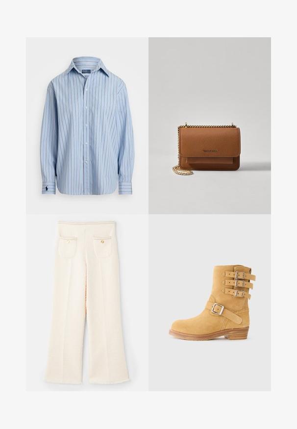 Světle modrá košile s dlouhým rukávem a vertikálními pruhy v bílé a hnědé, s knoflíkovým zapínáním vpředu a malým logem na levém manžetu. Měkká textilie.; Bílé, strukturované kalhoty s širokými nohavicemi a roztrhaným lemem, které mají dvě zadní kapsy, zlaté knoflíkové detaily a prošívání na pase.; Zimní kotníková obuv z žluté semiše se třemi přezkami na boku, zaoblenou špičkou a naskládaným dřevěným podpatkem. Strukturovaný povrch pro lepší přilnavost.; Hnědá texturovaná kožená kabelka přes rameno se zlatým řetízkovým popruhem a klopnovým uzavíráním. Přední strana obsahuje detail loga a kapsu pod klopou.