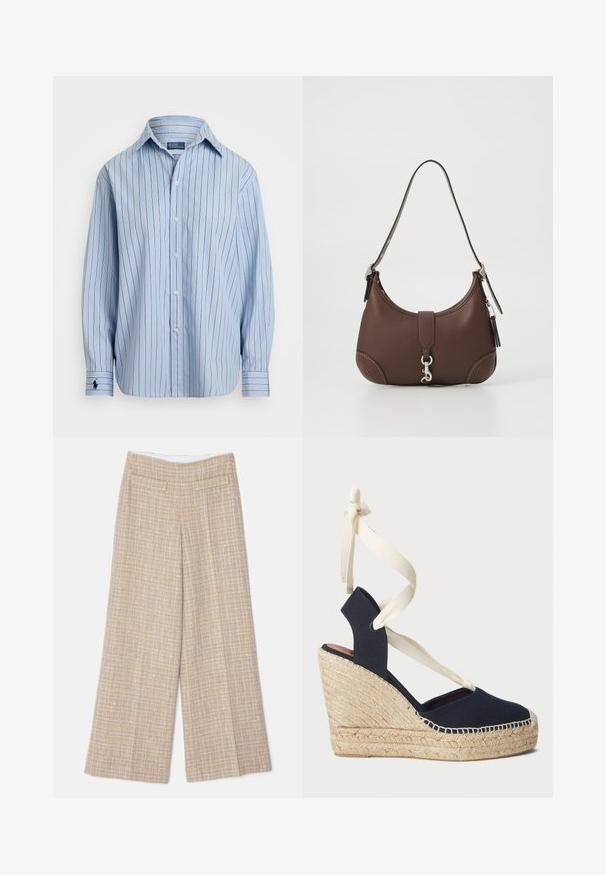 Helles blaues Langarmhemd mit vertikalen Streifen in Weiß und Braun, Knopfverschluss vorne und einem kleinen Logo am linken Manschettenabschluss. Weiche Stofftextur.; Beige weite Hose aus strukturiertem Stoff mit feinem Karomuster; verfügt über zwei Gesäßtaschen und einen glatten Bund.; Navy Canvas Wedge-Sandale mit einer Espadrille-Seilsohle und cremefarbenen Schleifenbändern am Knöchel. Geschlossener Fersen- und runder Zehenbereich.; Braune Lederhandtasche mit runder Form, silbernem Zubehör und dekorativer Naht. Verfügt über einen Schulterriemen und einen Verschluss mit Clip.