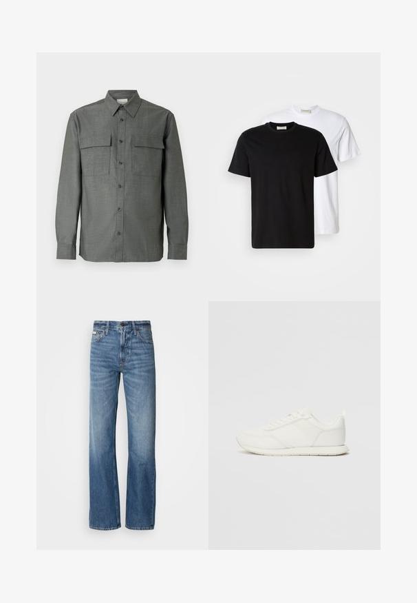 Gray button-up shirt features a structured collar, two chest pockets, and long sleeves with buttoned cuffs; textured fabric finish.; Two plain cotton T-shirts, one black placed in front of a white one, both with short sleeves and round necklines.; Blue denim jeans with a straight-leg cut, high waist, and subtle fading. Includes a button and zipper closure, and classic five-pocket design.; White sneaker with a mesh and synthetic upper, round toe, flat laces, and a textured side stripe. Rubber sole with a pull tab at the back.