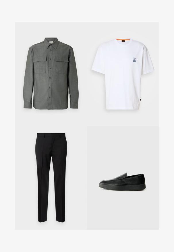 Siva košulja na kopčanje ima strukturirani ovratnik, dva džepa na prsima i duge rukave s manšetama na gumbe; tkanina s teksturom.; Bijela pamučna majica s malim plavim logotipom i grafičkim dizajnom na lijevoj strani prsa; opušteni kroj s klasičnim okruglim izrezom.; Crne krojene hlače od glatkog materijala, s ravnim nogavicama, finim detaljima nabora i klasičnim remenom s petljama.; Calvin Klein HYBRID CUP - Obuća za navlačenje - triple black