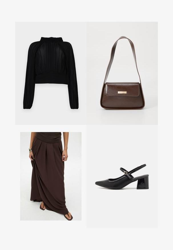 Črna kratka majica s plisejem, dolgimi rokavi, visokim ovratnikom in nabranjem na robu ter ramenih.; Rjava maksi krila iz lahkega materiala, ki vsebuje naborke, ima tekoč dizajn in elastičen pas za udobje.; Črne patentne usnjene salonarce s slingback obliko, s koničastim nosom, zaobljenim izrezom in blok peto. Imajo zlato kovinsko zaponko kot dodatno okrasje.; Rjava usnjena torba za ramo z urejeno obliko, ki ima magnetno zapiranje na pokrovu in kovinski logotip na sprednji strani.