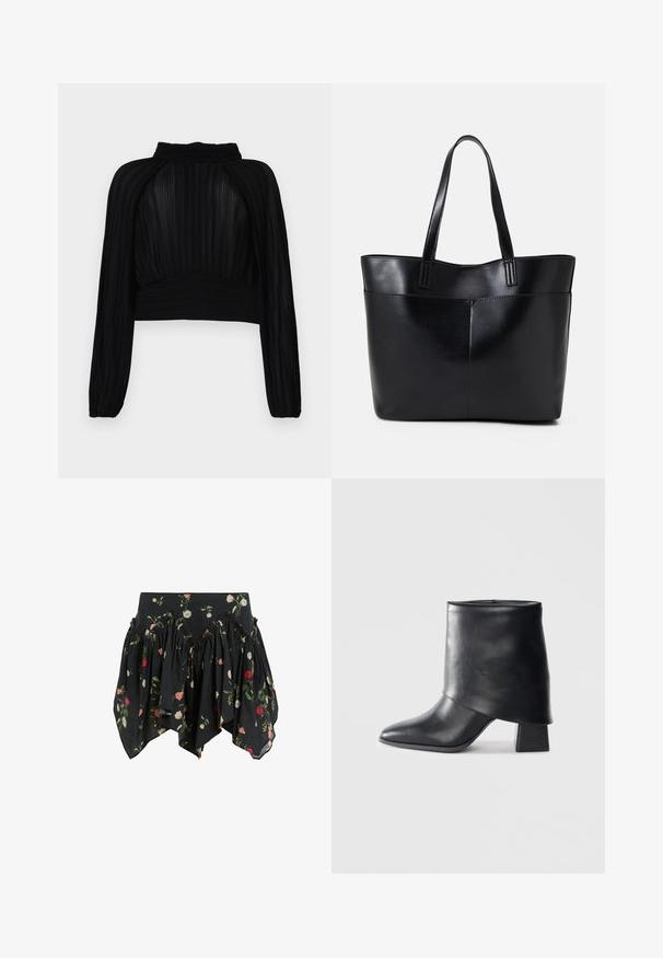 Fekete cropped felső, redőzött textúrával, hosszú ujjakkal, magas nyakkivágással és ráncolt részletekkel az alján és a vállrészen.; Fekete virágos szoknya könnyű anyagból, fodros kialakítással, rózsaszín, piros és fehér rózsákkal, és egyedi aszimmetrikus szegéllyel.; Fekete bőr bokacsizma, hegyes orral, sima felülettel és strukturált blokk sarokkal. Magas, hajtott szegéllyel rendelkezik.; Fekete bőr bevásárlótáska két hosszú fogantyúval, sima felülettel és strukturált formával. Elülső zseb található rajta a plusz tárolás érdekében.