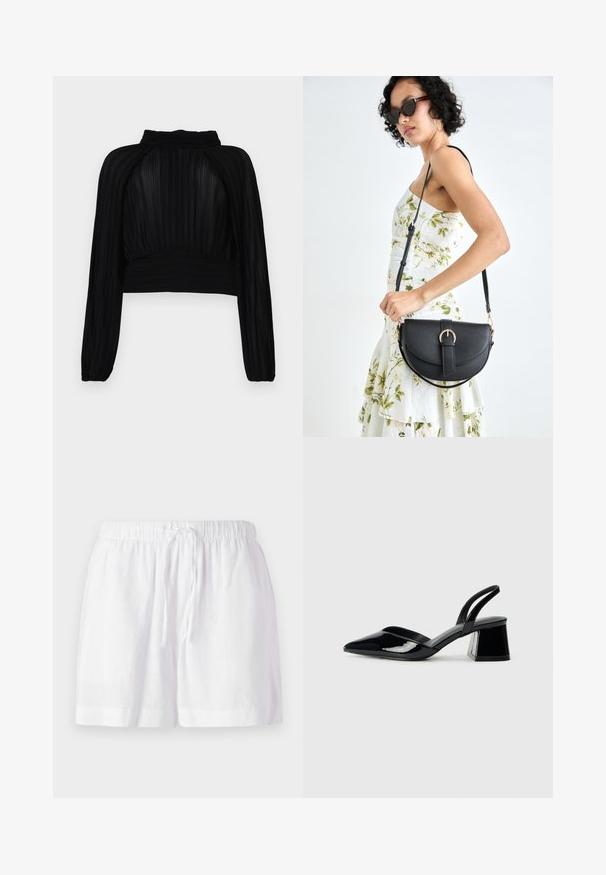 Black cropped top with pleated texture, long sleeves, high neckline, and gathered detailing at the hem and shoulders.; White linen shorts with an elastic waistband and adjustable drawstring. Features a relaxed fit and rolled hem for comfort.; Black patent leather slingback heels with a pointed toe and a geometric block heel. Features a sleek, minimal design and smooth texture.; Black leather handbag with a curved shape, detachable strap, and gold hardware. The bag features a flap with a buckle detail.