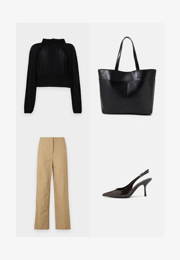 Fekete cropped felső, redőzött textúrával, hosszú ujjakkal, magas nyakkivágással és ráncolt részletekkel az alján és a vállrészen.; Beige, egyenes szárú nadrág lapos elülső résszel, oldalsó zsebekkel és sima, könnyű anyagból. Nincsenek látható minták vagy fém részletek.; Fényes sötétbarna lakkbőr magas sarkú slingback cipő, hegyes orral, nyitott oldalakkal és állítható bokapánttal.; Fekete bőr bevásárlótáska két hosszú fogantyúval, sima felülettel és strukturált formával. Elülső zseb található rajta a plusz tárolás érdekében.