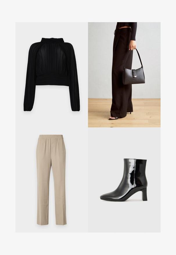 Juodas trumpas viršelis su klostuotu tekstūru, ilgomis rankovėmis, aukštu kaklu ir susiraukšlėmis apačioje bei ant pečių.; Šviesiai rudos, lengvos kelnės su elastinga juosmena, tiesiu kirpimu, minkšta tekstūra ir subtiliomis raukšlėmis. Nematomos kišenės.; Juodos lakuotos odinės aulinukės su smailiu pirštu ir vidutinio aukščio blokuotu kulnu. Lygus paviršius ir minimalistinis dizainas.; Juodas rankinė struktūrizuota forma, lygi tekstūra ir metalinis užsegimas. Suporuota su plačiomis juodomis kelnėmis ir atvirais bateliais ant medinių grindų.