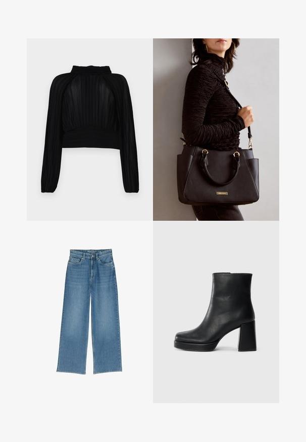 Črna kratka majica s plisejem, dolgimi rokavi, visokim ovratnikom in nabranjem na robu ter ramenih.; Svetlo modri široki jeans hlače iz jeansa z visokim pasom, petimi žepi in vidnim šivom; tkanina ima rahlo teksturiran videz.; Črne usnjene gležnjarje z blok peto in platformo, prikazane s strani na enobarvni beli podlagi.; Črna torbica z teksturirano površino, z dvema zgornjima ročajema in nastavljivim ramenskim pasom. Ima zlatovrateče dodatke in stranske žepe.