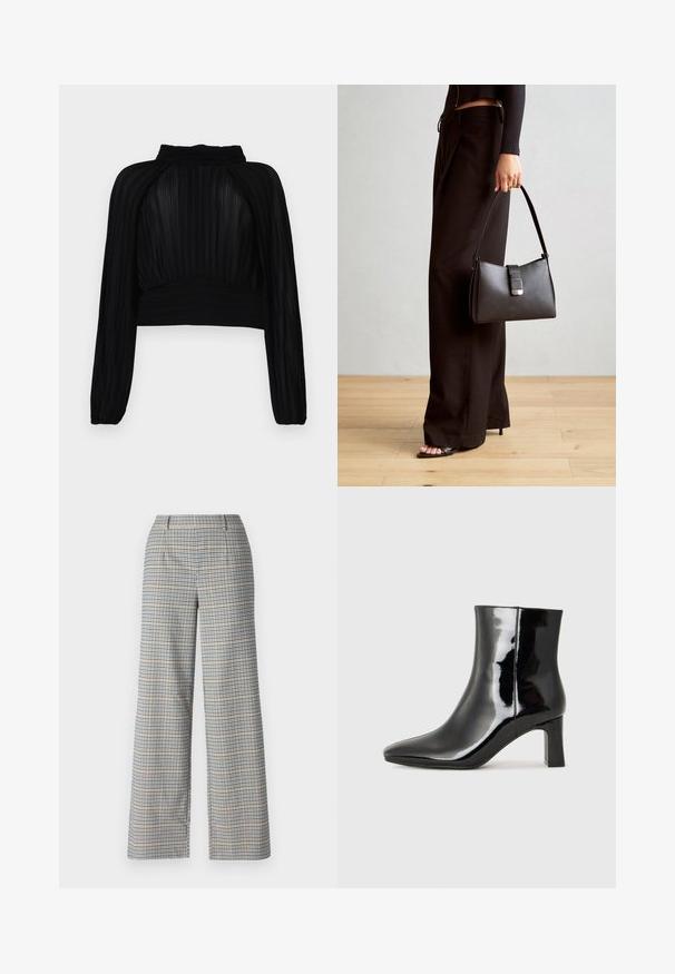 Top scurt negru cu textură plisată, mâneci lungi, guler înalt și detalii pliate la tiv și umeri.; Pantaloni largi, cu un model în carouri bej, bleumarin și negru. Au două buzunare frontale și o țesătură netedă, bine structurată.; Botine negre din piele lacuită, cu vârful ascuțit și toc bloc de înălțime medie. Textură netedă și design minimalist.; Genți negre cu o formă structurată, textură netedă și un închizător metalic. Asortată cu pantaloni negri largi și sandale cu vârf deschis pe un podea din lemn.
