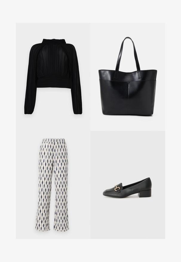 Mustmustelne lühike topp volditud tekstuuriga, pikkade varrukatega, kõrge kaelusega ning kogutud detailidega hemil ja õlgadel.; Kreemivärvi laiad püksid, millel on korduv tumesinine tilgakujuline muster. Painduva voltimisvööd ja pehme tekstuur suurendavad mugavust.; Mustad nahast loafers madala kontsaga, millel on esiküljel dekoratiivne kuldne detalj ja sile tekstuur.; Must mustaga musta nahast, millel on kaks pikka kanda, sile tekstuur ja struktureeritud kuju. Esipoolsel on lisakoti jaoks tasku.