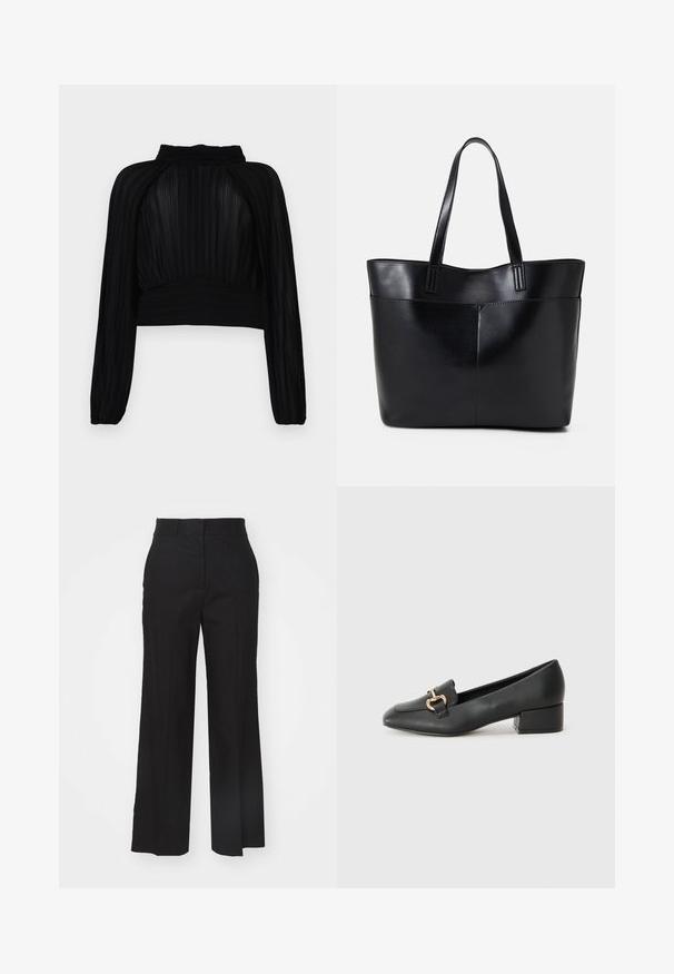 Svart cropped topp med plisserte teksturer, lange ermer, høy hals og rynkete detaljer ved kanten og skuldrene.; Sorte vide benbukser laget av lett materiale, med flat front, beltehemper og en ren finish i kanten.; Sorte skinnloafers med flat hæl, med dekorativ detalj i gull foran og en jevn tekstur.; Svart lær toteveske med to lange håndtak, en glatt tekstur og en strukturert form. Har en frontlomme for ekstra oppbevaring.