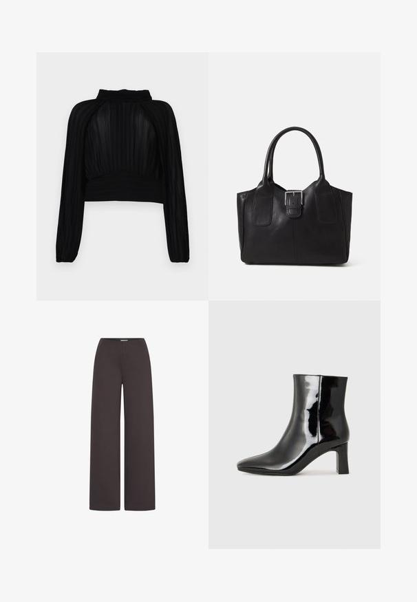 Svart croppad topp med plisserad struktur, långa ärmar, hög halsringning och samlad detalj vid fållen och axlarna.; ICHI Tygbyxor - chocolate torte; Svart lackläder ankelboot med spetsig tå och en medelhög klack. Slät textur och minimalistisk design.; Svart läder tote-väska med slät yta, strukturerad form, två handtag och en framträdande silverfärgad spänne på framsidan.