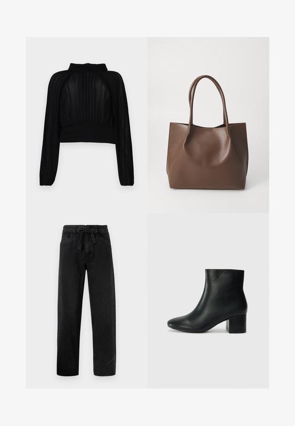 Top preto cropped com textura plissada, mangas longas, decote alto e detalhes franzidos na bainha e nos ombros.; Calças de ganga pretas com cintura elástica, corte reto, cinco bolsos e uma leve textura desgastada.; Botas de tornozelo em pele preta com bico pontiagudo e um salto robusto. Textura suave com acentos mínimos e um design ajustado e elegante.; Bolsa tote de couro castanho com duas alças longas, forma estruturada, textura suave e design minimalista. Sem hardware ou acentos visíveis.