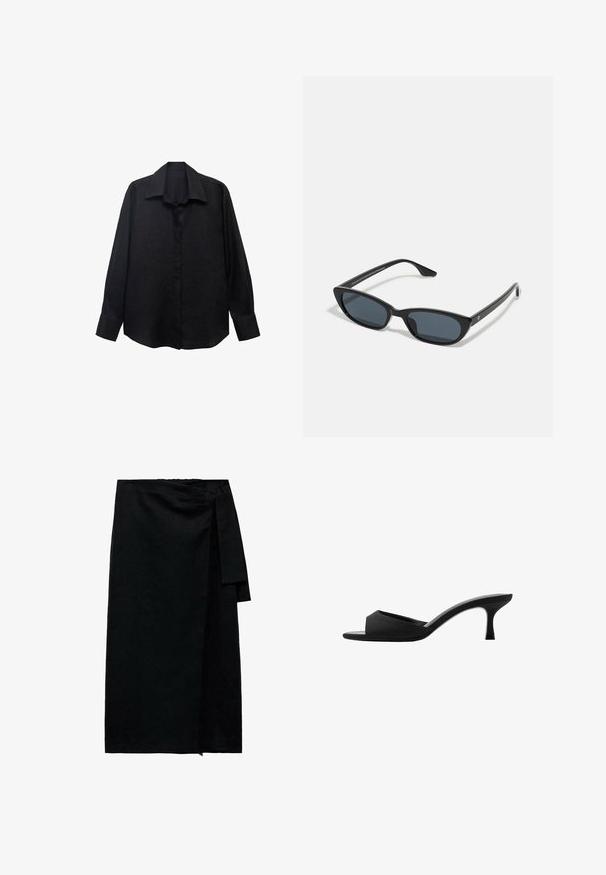 Černá košile s dlouhým rukávem vyrobená z texturované tkaniny, s špičatým límcem, zapínáním na knoflíky a volným střihem. Manžety jsou úpravené s jedním knoflíkem.; Černá zavinovací sukně z texturované látky, s bočním uzávěrem na zavázání, rovný střih a zakončení lemů s mírným třepením.; Černé lodičky na vysokém podpatku s širokým, otevřeným špičkou a zakřiveným svrškem. Vyrobené z texturované látky, mají štíhlý podpatek a hladkou podrážku.; Černé sluneční brýle typu cat-eye s tmavými skly, plastovým rámem, úzkými nohami a jemným brandingem na vnitřní straně ramene. Matte povrchová textura.