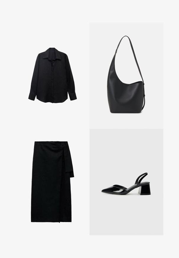 Zwarte blouse met lange mouwen van textuurstof, met een puntige kraag, knoopsluiting aan de voorkant en een losse pasvorm. De manchetten zijn afgewerkt met een enkele knoop.; Zwarte wikkelrok van een textuurstof, met een zijsluiting, rechte snit en een afgewerkte zoom met lichte rafeling.; Zwarte gepatineerde leren slingback hakken met een spitse neus en een geometrische blokhak. Kenmerkt zich door een slank, minimalistisch ontwerp en een gladde textuur.; Zwarte leren hobo tas met een gladde textuur, kromme vorm en een enkele verstelbare schouderband; heeft een brede opening aan de bovenkant.