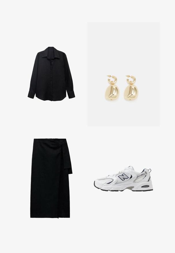 Czarna, długosleeve koszula z teksturowanej tkaniny, z wyprostowanym kołnierzykiem, zapięciem na guziki i luźnym krojem. Manżety są wykończone pojedynczym guzikiem.; Czarna spódnica typu wrap z teksturowanej tkaniny, z zapięciem na boczny sznurek, prostym kroju i wykończonym dołem z delikatnym strzępieniem.; Białe sportowe buty z siateczkową cholewką, granatowymi akcentami i wyściełaną podeszwą. Posiadają logo "N", sznurówki oraz teksturowany detal po boku.; Złote kolczyki koła z gładkimi, zaokrąglonymi zawieszkami o lustrzanym wykończeniu, zawieszone na teksturowanym mocowaniu w kształcie koła.