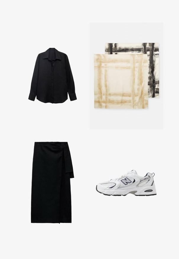 Camicia nera a maniche lunghe realizzata in tessuto texturizzato, con colletto a punta, chiusura con bottoni e vestibilità ampia. I polsini sono rifiniti con un singolo bottone.; Gonna nera avvolgente in un tessuto testurizzato, con chiusura a legaccio laterale, taglio dritto e orlo finito con leggero sfilacciamento.; Scarpa sportiva bianca con tomaia in mesh, dettagli in blu marino e suola imbottita. Presenta il logo "N", lacci e dettaglio texturizzato sul lato.; Tovagliette in misto cotone, una beige con linee spazzolate e una bianca e nera con un motivo simile. Texture liscia, forma rettangolare.; Orecchini a cerchio in oro con pendenti lisci e arrotondati dal riflesso lucido, sospesi a un attacco a cerchio texture.