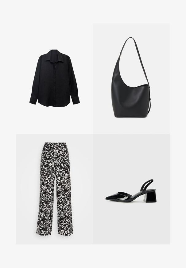 Crna košulja dugih rukava od teksturirane tkanine s oštrim ovratnikom, prednjim kopčanjem na dugmad i slobodnim krojem. Manšete su krojene s jednim dugmetom.; Hlače širokih nogavica s crno-bijelim apstraktnim uzorkom. Izrađene su od lagane tkanine s glatkom teksturom i visokim strukom.; Crne lakirane kožne sandale s otvorenom petom i špicastim vrhom, s geometrijskom blok petom. Imaju elegantan, minimalistički dizajn i glatku teksturu.; Crna kožna hobo torba s glatkom teksturom, zakrivljenim oblikom i jednom podesivom trakicom; ima širok otvor na vrhu.