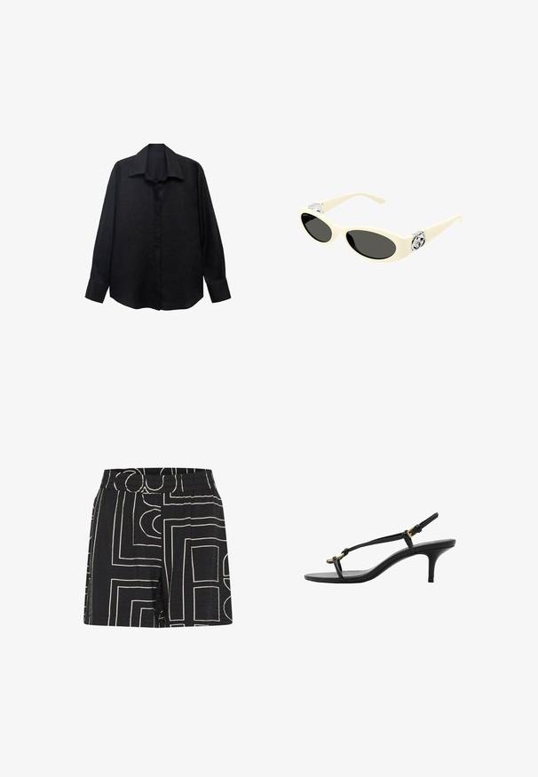 Camicia nera a maniche lunghe realizzata in tessuto texturizzato, con colletto a punta, chiusura con bottoni e vestibilità ampia. I polsini sono rifiniti con un singolo bottone.; Pantaloni corti neri con una texture screpolata, caratterizzati da un motivo geometrico crema. Vita elastica per comfort e vestibilità rilassata.; Sandal con zeppa kitten nera in pelle, con sottili cinturini, fibbia dorata e una minimalista fascetta per le dita su sfondo bianco.; Occhiali da sole color crema con lenti ovali, tonalità nera e accenti metallici con logo alle tempie. Texture liscia, design a occhio di gatto.