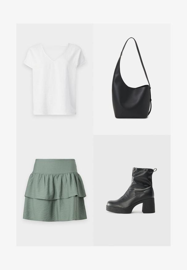 Baltas lininis marškinis su laisvu siluetu, trumpomis rankovėmis ir V formos iškirpte. Yra šiek tiek tekstūruota paviršius ir šoninės plyšiai, leidžiantys laisvai judėti.; Švelni žalia sijonas, pasižymintis sluoksniuota struktūra su raukšlėtu apvadu, pagamintas iš lengvos medžiagos, su elastinga liemene patogumui.; Juodos kulkšninių botai, pagaminti iš lygaus odos, su šoniniu užtrauktuku, masyviu tekstūruotu kulnu ir apvaliu pirštu.; Juodas odinis hobo maišas su lygiu paviršiumi, kreipta forma ir viena reguliuojama rankena; turi platų atidarymą viršuje.