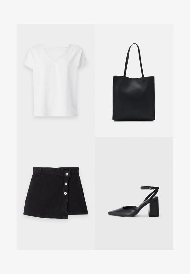 Witte linnen shirt met een relaxte pasvorm, korte mouwen en een V-hals ontwerp. Heeft een licht gestructureerd oppervlak en zijsplitten voor extra bewegingsvrijheid.; Zwarte denim rok met een hoge taille, met een wikkeldesign, vijf zilveren knopen aan één zijde en twee zijzakken. Soepele textuur.; Zwarte leren puntige pump met een enkelbandje en een chunky hak. Vlakke textuur, strakke vormgeving en minimalistische esthetiek.; Zwarte leren handtas met een gladde textuur, rechthoekige vorm en twee lange handvaten. Geen zichtbare hardware of versieringen.