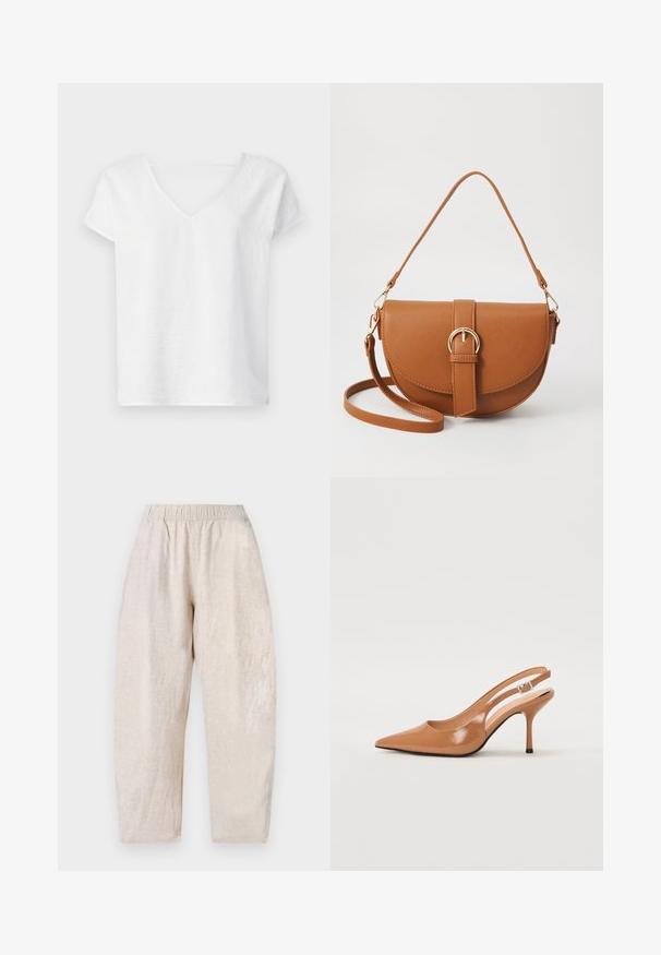 Baltas lina krekls ar brīvu piegriezumu, īsām piedurknēm un V-veida kakla dizainu. Tam ir nedaudz teksturēta virsma un sānu šķautnes, lai nodrošinātu ērtu kustību.; Gai bēžās brīvi pieguļošie bikses ar elastīgu jostasvītru un smalku tekstūru. Taisnas kājas nedaudz sašaurinās pie potītēm.; Izteikts pirksta siksnas zābaks, izgatavots no gludas, spīdīgas brūnas materiāla. Piedāvā izliekta izgriezuma dizainu un smalku stiletto papēdi. Sudraba sprādze.; Brūns ādas plecu soma ar izliekta formu, zelta piederumiem un sprādzes akcentu. Iesaiņota ar noņemamu plecu siksnu.