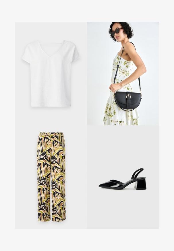 Camicia bianca in lino dal taglio morbido, maniche corte e scollatura a V. Presenta una superficie leggermente texturizzata e spacchi laterali per facilitare i movimenti.; Pantaloni a gamba larga con un motivo a foglia tropicale nei colori verde, nero e marrone, realizzati in tessuto leggero con una vita elasticizzata.; Décolleté in vernice nera con punta affusolata e tacco in geometria cubica. Presentano un design elegante e minimalista, con una texture liscia.; Borsa a tracolla nera in pelle con una forma curva, manico rimovibile e accessori dorati. La borsa presenta una patta con un dettaglio a fibbia.
