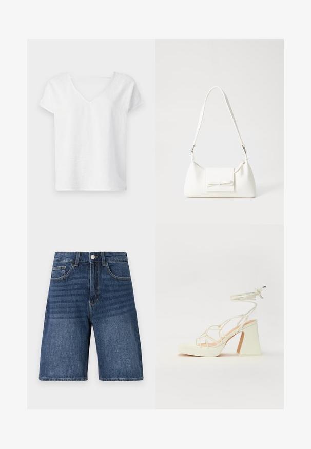 Bílá lněná košile s uvolněným střihem, krátkými rukávy a výstřihem do V. Má mírně texturovaný povrch a postranní rozparky pro snadnější pohyb.; Džínové šortky ve tmavě modré s klasikou pěti kapsami, rovný střih, viditelné švy a přední zapínání na knoflík.; Bílé sandály na vysokém podpatku s robustním podpatkem, s designem s pásky a zavazováním kolem kotníku. Hladký povrch s platformou vpředu pro zvýšení výšky.; Bílá syntetická kabelka v trojúhelníkovém tvaru, s plochým předním klopným víkem a detailem mašle, nastavitelným popruhem, hladkým povrchem a minimalistickým designem.