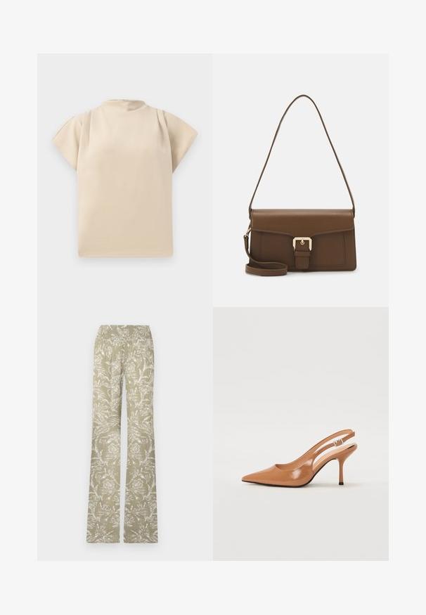 Beige t-shirt met korte mouwen, hoge hals en een relaxed fit. Gladde textuur met subtiele draping op de schouders. Eenvoudig, minimalistisch ontwerp.; Flared broeken van lichtgroene stof met een wit bloemmotief. Voorzien van een elastische tailleband en een gestructureerd oppervlak.; Puntige slingback hak in een glad, glanzend beige materiaal. Bevat een gebogen uitsnijdontwerp en een slanke stiletto hak. Zilveren gesp detail.; Bruine leren handtas met een rechthoekige vorm, voorzien van een klep aan de voorkant, gouden hardware en een lange, verstelbare strap.