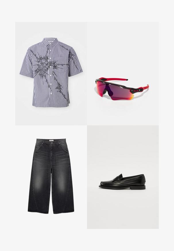 Korte mouw knoop-overhemd met een marineblauw en witte ruitpatroon en onregelmatige zwarte abstracte graphic lijnen over de voorkant en mouwen.; PULL&BEAR MEGA BAGGY - Baggy jeans - black; Zwarte leren loafers met een gladde afwerking, voorzien van een gestikt ontwerp, een lage hak en een ronde neus, die een klassieke silhouet laten zien.; Oakley RADAR PATH UNISEX - Zonnebril - 100t matte black