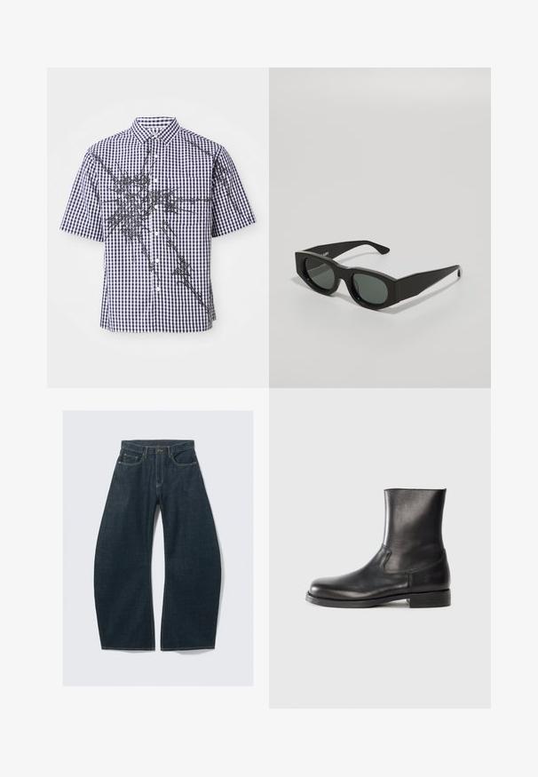 Kratek rokav, button-up srajca z mornarsko modrim in belim šahovskim vzorcem ter nepravilnimi črnimi abstraktnimi grafičnimi črtami po sprednjem delu in rokavih.; Temno modre široke kavbojke iz jeansa, s petimi žepi, vidnim šivom, zapenjanjem na gumbe in čistim zaključkom.; Črne usnjene gležnjarje z gladko teksturo, okroglo konico, elastičnimi stranskimi paneli in nizkim, teksturiranim gumijastim podplatom.; Črne pravokotne sončna očala z zelenimi zatemnjenimi lečami, debelimi okvirji in ravnimi tempeljci, ki imajo gladko plastično teksturo.; Brašna iz rjave krokodilne usnjene embalaže s zgornjimi ročaji in odstranljivim ramenskim trakom. Ima zapiranje z zaponko in pravokotno obliko.