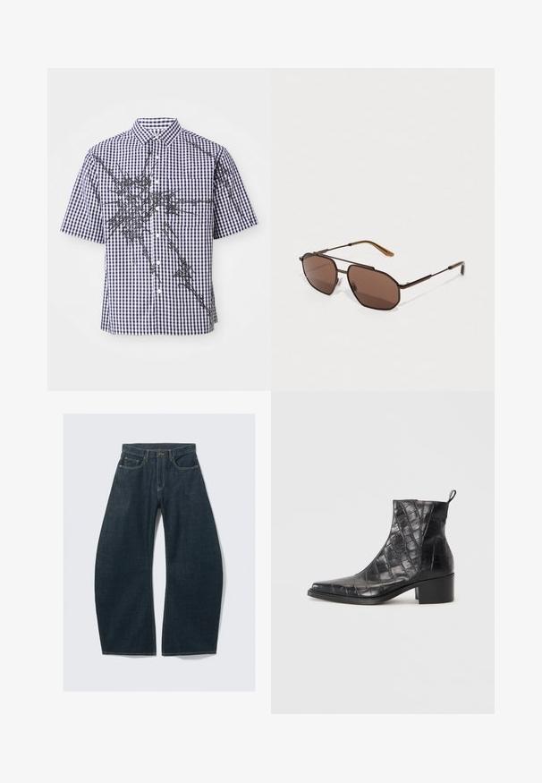 Kortermet skjorte med knappestolpe i marineblå og hvit gingham-mønster, og uregelmessige svarte abstrakte grafiske linjer på forsiden og ermene.; Mørkeblå jeans med vide ben laget av denim, med fem lommer, synlige sømmer, knappelukking og en ren finish.; Svarte ankelstøvler laget av teksturert faux skinn med krokodillemønster, med firkantet tå og blokkhæl.; Brune oktogonale solbriller med en tynn svart metallramme, akzentuert med brune stenger. Mørke linser gir UV-beskyttelse.