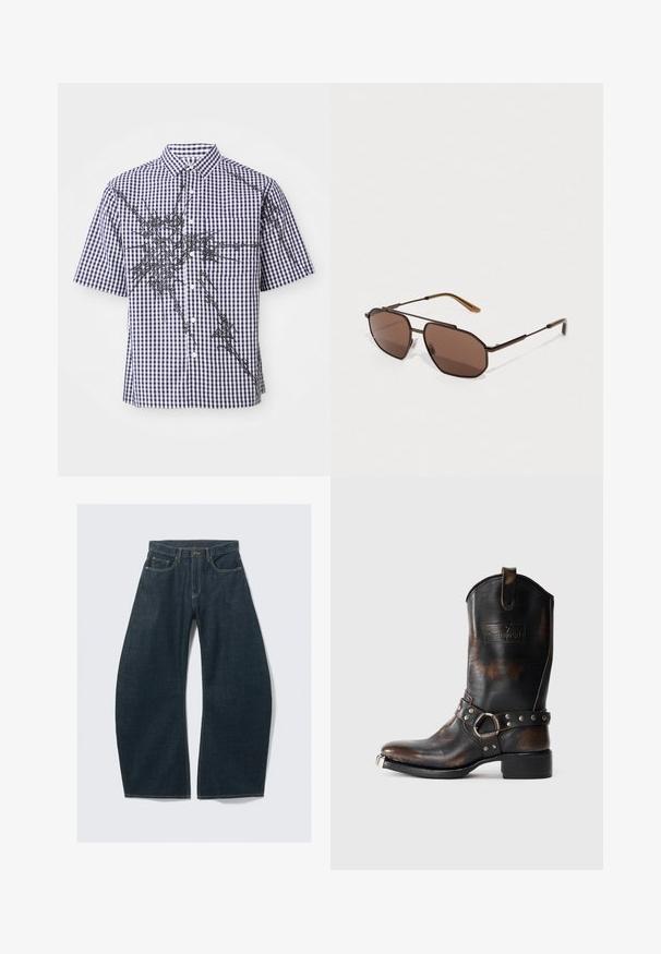 Košile s krátkým rukávem, knoflíková, s námořnickou a bílou kostkovanou vzorovou úpravou a nepravidelnými černými abstraktními grafickými liniemi přes přední část a rukávy.; Tmavě modré džíny s širokými nohavicemi vyrobené z denimu, s pěti kapsami, viditelným prošitím, zapínáním na knoflíky a čistým dokončením.; Černé kožené kovbojské boty s hnědým opotřebením, ozdobný pásek s kovovými hroty a kroužkem, a kovová špička na bílém pozadí.; Hnědé osmiúhelníkové sluneční brýle s tenkým černým kovovým rámem, doplněné hnědými stranicemi. Tmavé tónované čočky poskytují UV ochranu.