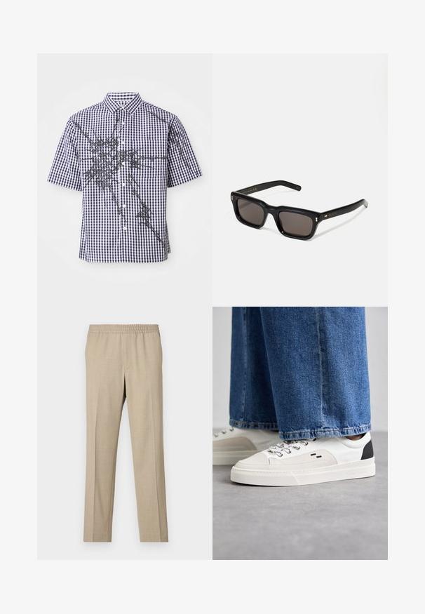 Lyhythihainen nappipaida, jossa on tummansininen ja valkoinen ruudullinen kuosi sekä epäsäännölliset mustat abstraktit graafiset viivat edessä ja hihoissa.; Filippa K THEO TROUSERS - Housut - sage melange; Valkoiset ja mustat tennarit, joissa on sileä nahkapäällinen, tekstuuriakcentit ja paksu valkoinen pohja. Varustettu klassisella nauhakiinnityksellä.; Mustat suorakulmaiset aurinkolasit tummilla linsseillä, paksu muovikehys, kultaiset korostukset temppeleissä ja brändin logo kaiverrettuna varteen.