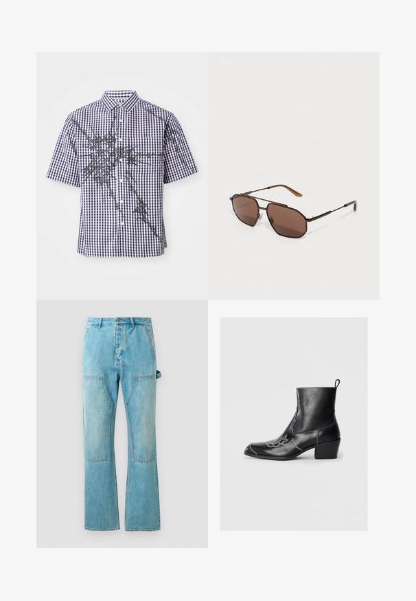 Rövid ujjú gombos ing sötétkék és fehér kockás mintával, és szabálytalan fekete absztrakt grafikus vonalakkal az elején és az ujjakon.; Világoskék farmernadrág, harangszárú fazonnal. Kontrasztos foltvarrásos panelek, elülső zsebek, és gombos derékzárás jellemzi.; Fekete bőr bokacsizma négyzetes orral, díszített varrással és alacsony tömbsarokkal. Húzófüllel a könnyű felvétel érdekében.; Barna nyolcszögletű napszemüveg vékony fekete fém kerettel, barna szárakkal kiemelve. Sötét árnyalatú lencsék UV-védelmet nyújtanak.