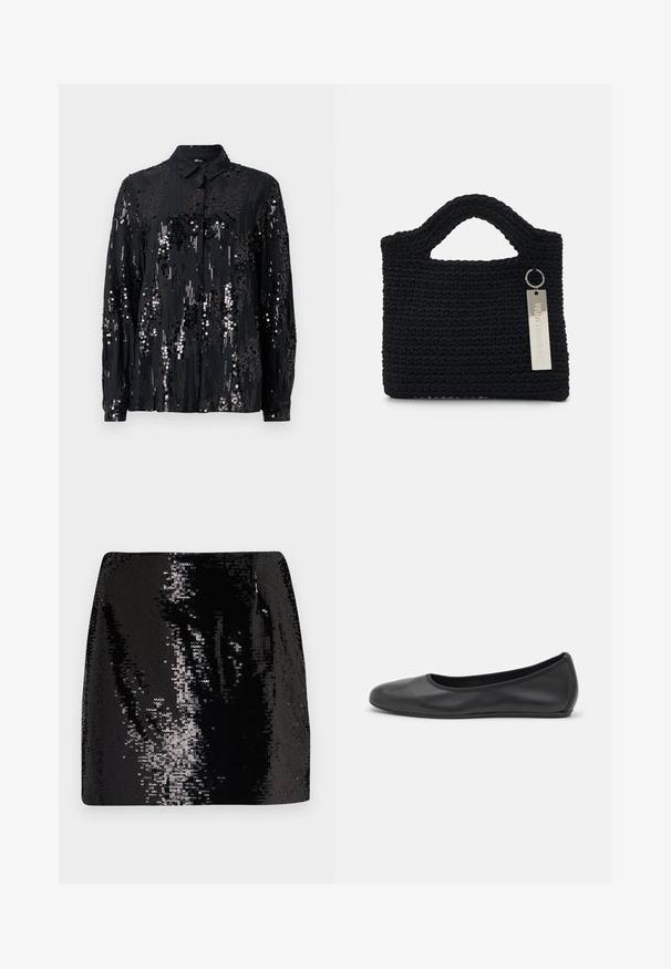 Camicia nera con bottoni realizzata in tessuto decorato con paillettes, con colletto e maniche lunghe, caratterizzata da un motivo lucido e texturizzato.; Mini gonna nera in paillettes con un design aderente, vita alta e texture lucida, caratterizzata da dettagli riflettenti e una silhouette elegante.; Pantofole da balletto nere in pelle con punta arrotondata, texture liscia, dettagli di cucitura minimi e design con suola flessibile.; Won Hundred MARSIELLE COMPUTER BAG UNISEX - Borsa porta PC - black