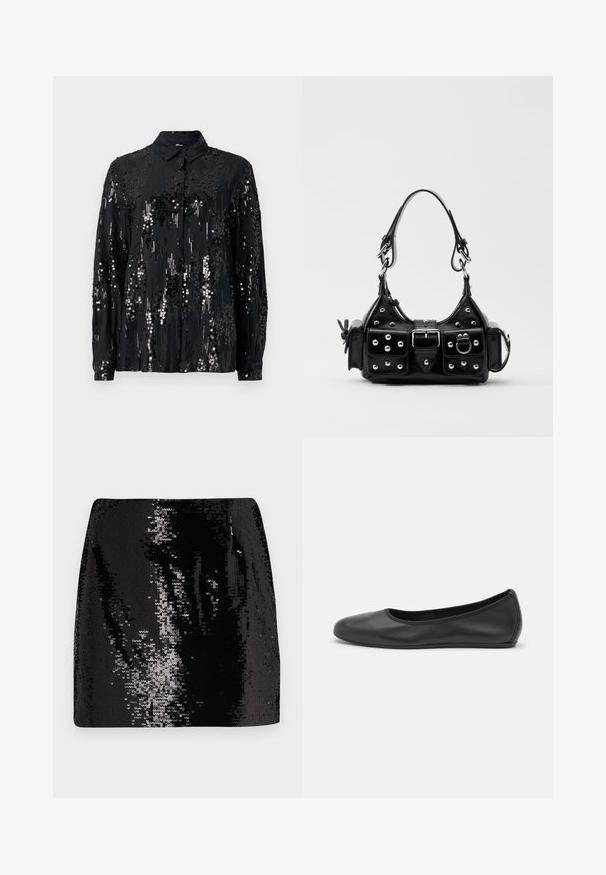 Must kastanjetri särk, mis on kaunistatud litritega, omab kraed ja pikki varrukaid ning sellel on särav, tekstuurne muster.; Must mustriga mini-seelik, millel on istuv disain, kõrge talje ja läikiv tekstuur, esitleb peegeldavaid pinda ja voolujoonelist siluetti.; Musthave mustika tantsutossud mustast nahast, ümmarguse varbaga, siledast tekstuurist, minimaalse õmblusdetailiga ja paindliku tallakujundusega.; Must värvi nahast käekott, millel on kaarjas disain, hõbedased nupukesed, kinnitusahe ja kaks külgtaskut. Reguleeritav rihm erinevate kandmisvõimaluste jaoks.